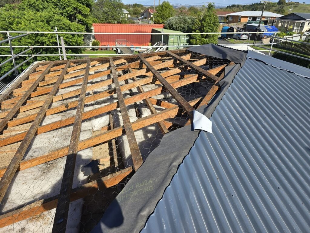 Roof framing exposed during the Huntly reroof
